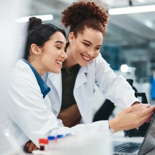 Laptop,,Scientist,And,Women,With,Smile,,Medical,Research,And,Excited